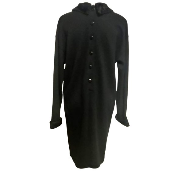 Liz Claiborne Vtg Black Acrylic Wool Faux Fur Collar Cuff Buttons Modest Dress L - Picture 3 of 11